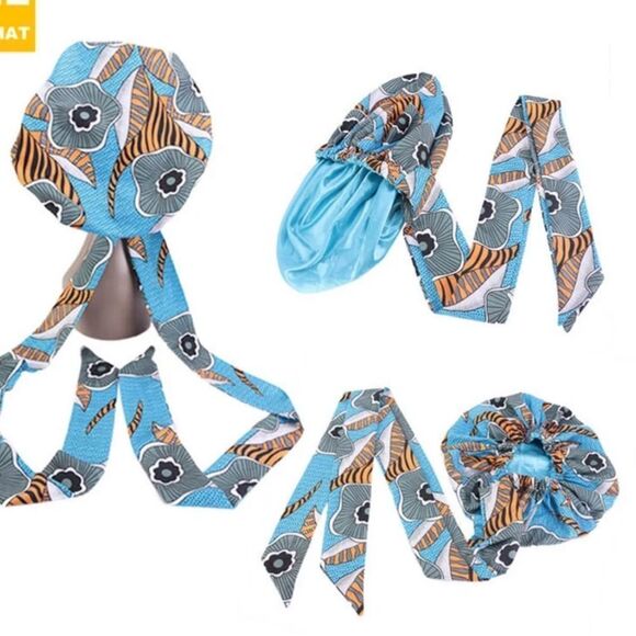 African Print Satin Bonnet With Long Ribbon Wrap - Picture 6 of 10